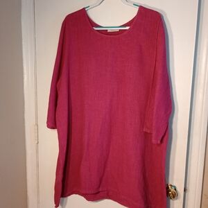 Bryn Walker Fuschia Pink 100% Linen Short Dress Tunic 3/4 Sleeves Lagenlook